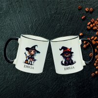 Keramik Tasse "Fynn" mit farbigen Henkel und Motivdruck Halloween Katze und Hexe