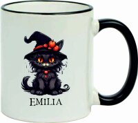 Keramik Tasse "Fynn" mit farbigen Henkel und Motivdruck Halloween Katze und Hexe