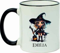 Keramik Tasse "Fynn" mit farbigen Henkel und Motivdruck Halloween Katze und Hexe