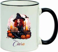 Keramik Tasse "Fynn" mit farbigen Henkel und Motivdruck Halloween Bücher Katze und Hexe