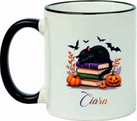 Keramik Tasse "Fynn" mit farbigen Henkel und Motivdruck Halloween Bücher Katze und Hexe