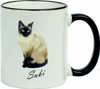 Keramiktasse "Fynn" mit schwarzen Henkel und Motiv Siam Katze