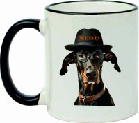 Keramiktasse "Fynn" mit schwarzen Henkel und Motiv Dobermann Nerd