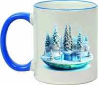 Keramiktasse "Franz Josef" mit farbigen Henkel und Motiv Winter Reh