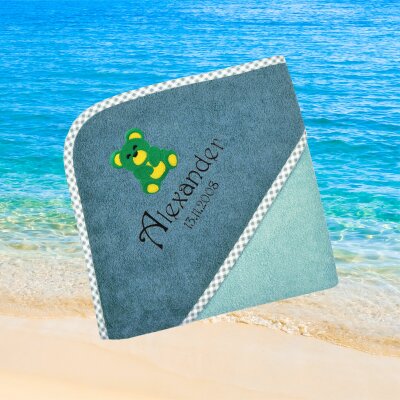 Kapuzenhandtuch für Kinder unisex, mint-grün, Größe ca. 80 x 80 cm, Motiv Teddy, Frottee in Baumwolle, bestickt personalisierbar mit Namen