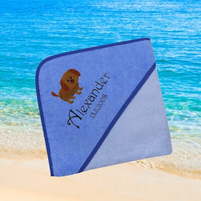 Kapuzenhandtuch für Babys/Jungen, blau, Größe ca. 80 x 80 cm, Motiv Hund, Frottee in Baumwolle, bestickt personalisierbar mit Namen