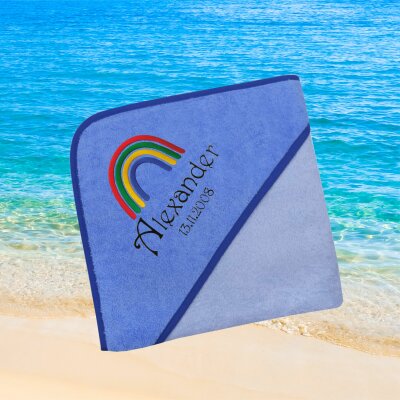 Kapuzenhandtuch für Babys/Jungen, blau, Größe ca. 80 x 80 cm, Motiv Regenbogen, Frottee in Baumwolle, bestickt personalisierbar mit Namen