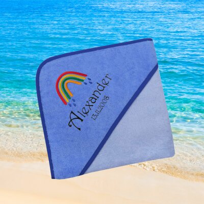 Kapuzenhandtuch für Babys/Jungen, blau, Größe ca. 80 x 80 cm, Motiv Regenbogen Tropfen, Frottee in Baumwolle, bestickt personalisierbar mit Namen