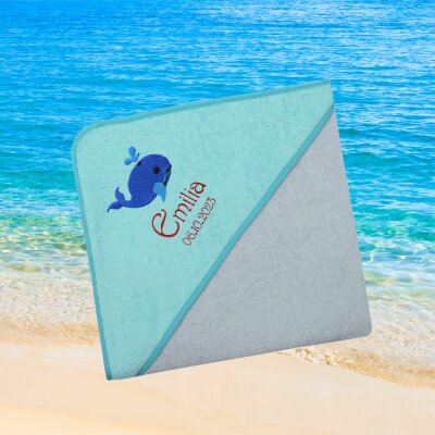 Kapuzenhandtuch für Babys/unisex, türkis-grau, Größe ca. 100 x 100 cm, Motiv Wal, Frottee in Baumwolle, bestickt personalisierbar mit Namen
