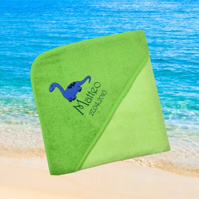 Kapuzenhandtuch für Babys/Jungen, hellgrün, Größe ca. 100 x 100 cm, Motiv Blaues Dino, Frottee in Baumwolle, bestickt personalisierbar mit Namen
