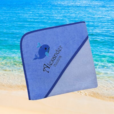 Kapuzenhandtuch für Babys/Jungen, blau, Größe ca. 100 x 100 cm, Motiv Wal, Frottee in Baumwolle, bestickt personalisierbar mit Namen