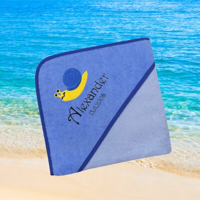 Kapuzenhandtuch für Babys/Jungen, blau, Größe ca. 100 x 100 cm, Motiv Schnecke, Frottee in Baumwolle, bestickt personalisierbar mit Namen