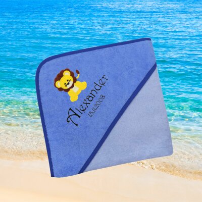 Kapuzenhandtuch für Babys/Jungen, blau, Größe ca. 100 x 100 cm, Motiv Löwe, Frottee in Baumwolle, bestickt personalisierbar mit Namen