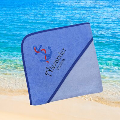 Kapuzenhandtuch für Babys/Jungen, blau, Größe ca. 100 x 100 cm, Motiv Anker, Frottee in Baumwolle, bestickt personalisierbar mit Namen