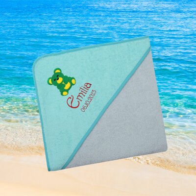 Kapuzenhandtuch für Babys/unisex, türkis-grau, Größe ca. 100 x 100 cm, Motiv Teddy, Frottee in Baumwolle, bestickt personalisierbar mit Namen