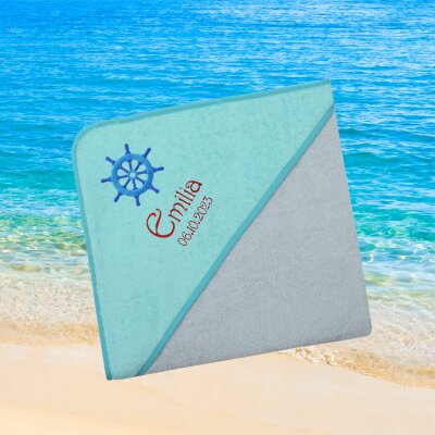 Kapuzenhandtuch für Babys/unisex, türkis-grau, Größe ca. 100 x 100 cm, Motiv Steuerrad, Frottee in Baumwolle, bestickt personalisierbar mit Namen