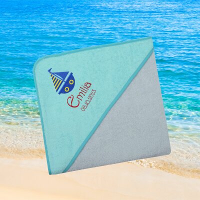 Kapuzenhandtuch für Babys/unisex, türkis-grau, Größe ca. 100 x 100 cm, Motiv Segelboot, Frottee in Baumwolle, bestickt personalisierbar mit Namen