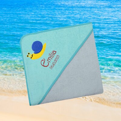 Kapuzenhandtuch für Babys/unisex, türkis-grau, Größe ca. 100 x 100 cm, Motiv Schnecke, Frottee in Baumwolle, bestickt personalisierbar mit Namen