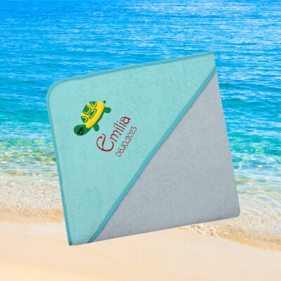 Kapuzenhandtuch für Babys/unisex, türkis-grau, Größe ca. 100 x 100 cm, Motiv Schildkröte, Frottee in Baumwolle, bestickt personalisierbar mit Namen