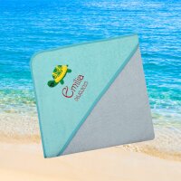 Kapuzenhandtuch für Babys/unisex, türkis-grau, Größe ca. 100 x 100 cm, Motiv Schildkröte, Frottee in Baumwolle, bestickt personalisierbar mit Namen