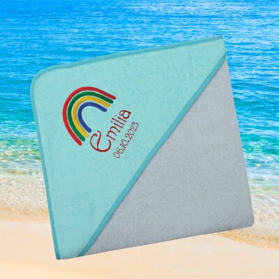 Kapuzenhandtuch für Babys/unisex, türkis-grau, Größe ca. 100 x 100 cm, Motiv Regenbogen, Frottee in Baumwolle, bestickt personalisierbar mit Namen