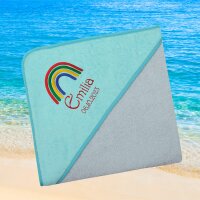Kapuzenhandtuch für Babys/unisex, türkis-grau, Größe ca. 100 x 100 cm, Motiv Regenbogen, Frottee in Baumwolle, bestickt personalisierbar mit Namen