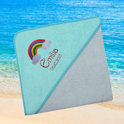 Kapuzenhandtuch für Babys/unisex, türkis-grau, Größe ca. 100 x 100 cm, Motiv Regenbogen Wolken, Frottee in Baumwolle, bestickt personalisierbar mit Namen