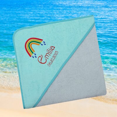 Kapuzenhandtuch für Babys/unisex, türkis-grau, Größe ca. 100 x 100 cm, Motiv Regenbogen Tropfen, Frottee in Baumwolle, bestickt personalisierbar mit Namen