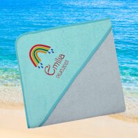 Kapuzenhandtuch für Babys/unisex, türkis-grau, Größe ca. 100 x 100 cm, Motiv Regenbogen Tropfen, Frottee in Baumwolle, bestickt personalisierbar mit Namen