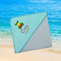 Kapuzenhandtuch für Babys/unisex, türkis-grau, Größe ca. 100 x 100 cm, Motiv Nilpferd, Frottee in Baumwolle, bestickt personalisierbar mit Namen
