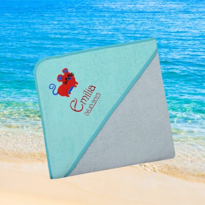 Kapuzenhandtuch für Babys/unisex, türkis-grau, Größe ca. 100 x 100 cm, Motiv Maus, Frottee in Baumwolle, bestickt personalisierbar mit Namen