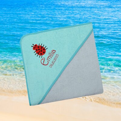 Kapuzenhandtuch für Babys/unisex, türkis-grau, Größe ca. 100 x 100 cm, Motiv Marienkäfer, Frottee in Baumwolle, bestickt personalisierbar mit Namen
