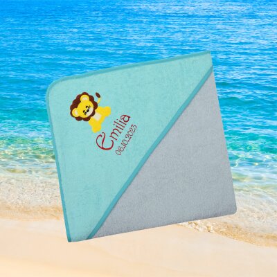 Kapuzenhandtuch für Babys/unisex, türkis-grau, Größe ca. 100 x 100 cm, Motiv Löwe, Frottee in Baumwolle, bestickt personalisierbar mit Namen