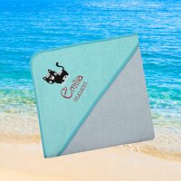 Kapuzenhandtuch für Babys/unisex, türkis-grau, Größe ca. 100 x 100 cm, Motiv Katze, Frottee in Baumwolle, bestickt personalisierbar mit Namen