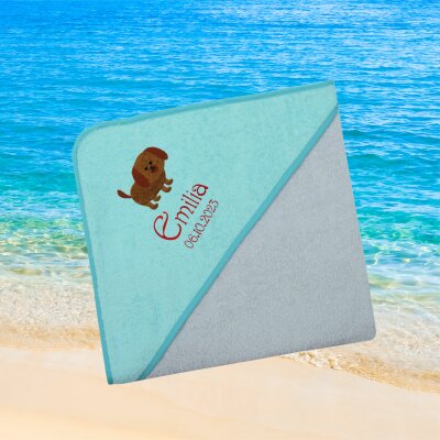 Kapuzenhandtuch für Babys/unisex, türkis-grau, Größe ca. 100 x 100 cm, Motiv Hund, Frottee in Baumwolle, bestickt personalisierbar mit Namen