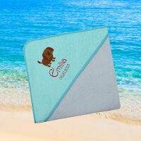 Kapuzenhandtuch für Babys/unisex, türkis-grau, Größe ca. 100 x 100 cm, Motiv Hund, Frottee in Baumwolle, bestickt personalisierbar mit Namen
