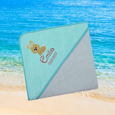 Kapuzenhandtuch für Babys/unisex, türkis-grau, Größe ca. 100 x 100 cm, Motiv Hase, Frottee in Baumwolle, bestickt personalisierbar mit Namen
