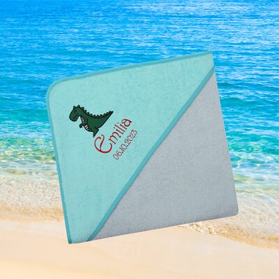 Kapuzenhandtuch für Babys/unisex, türkis-grau, Größe ca. 100 x 100 cm, Motiv Dino Tyrex, Frottee in Baumwolle, bestickt personalisierbar mit Namen