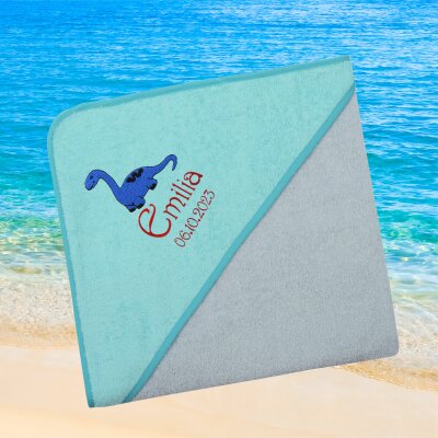 Kapuzenhandtuch für Babys/unisex, türkis-grau, Größe ca. 100 x 100 cm, Motiv Blaues Dino, Frottee in Baumwolle, bestickt personalisierbar mit Namen