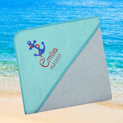 Kapuzenhandtuch für Babys/unisex, türkis-grau, Größe ca. 100 x 100 cm, Motiv Anker, Frottee in Baumwolle, bestickt personalisierbar mit Namen