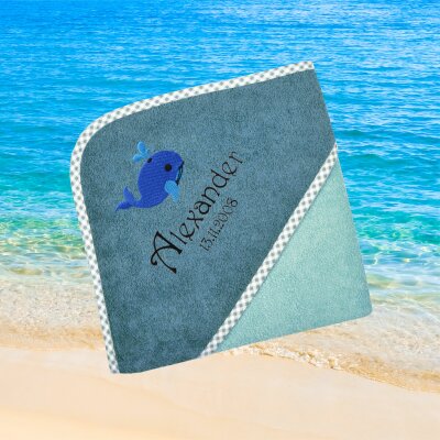 Kapuzenhandtuch für Kinder unisex, mint-grün, Größe ca. 100 x100 cm, Motiv Wal, Frottee in Baumwolle, bestickt personalisierbar mit Namen