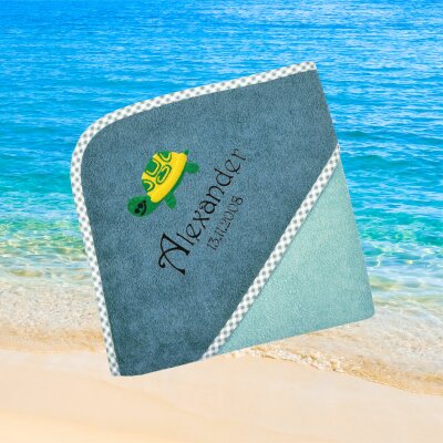 Kapuzenhandtuch für Kinder unisex, mint-grün, Größe ca. 100 x 100 cm, Motiv Schildkröte, Frottee in Baumwolle, bestickt personalisierbar mit Namen