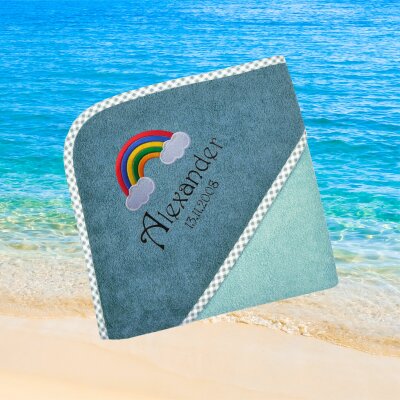Kapuzenhandtuch für Kinder unisex, mint-grün, Größe ca. 100 x 100 cm, Motiv Regenbogen Wolken, Frottee in Baumwolle, bestickt personalisierbar mit Namen