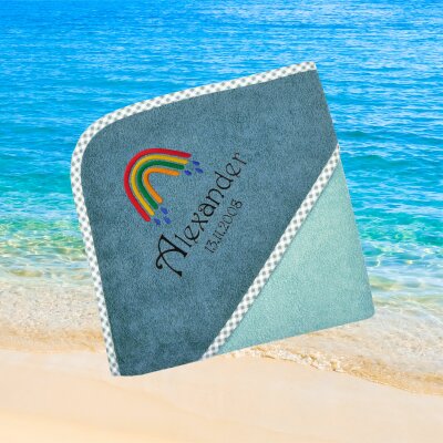 Kapuzenhandtuch für Kinder unisex, mint-grün, Größe ca. 100 x 100 cm, Motiv Regenbogen Tropfen, Frottee in Baumwolle, bestickt personalisierbar mit Namen