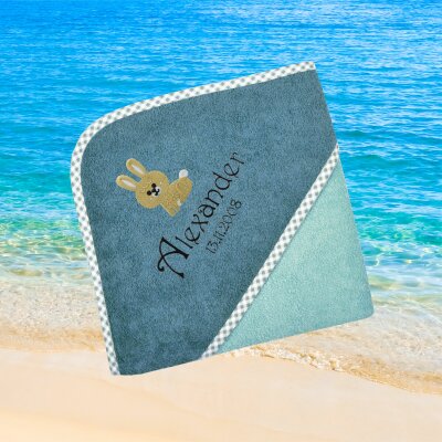 Kapuzenhandtuch für Kinder unisex, mint-grün, Größe ca. 100 x 100 cm, Motiv Hase, Frottee in Baumwolle, bestickt personalisierbar mit Namen