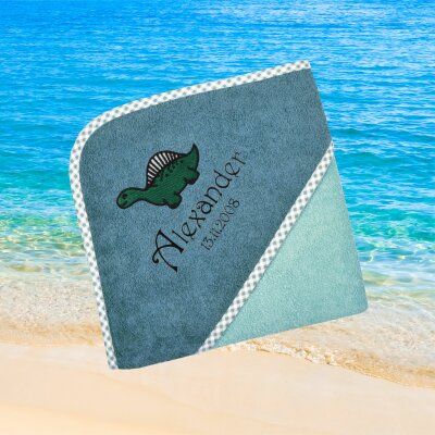 Kapuzenhandtuch für Kinder unisex, mint-grün, Größe ca. 100 x 100 cm, Motiv Grünes Dino, Frottee in Baumwolle, bestickt personalisierbar mit Namen