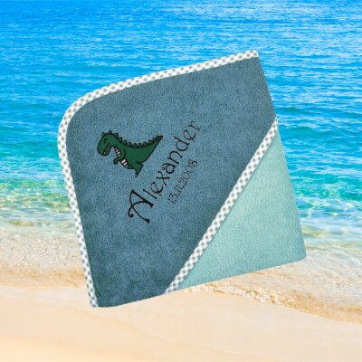 Kapuzenhandtuch für Kinder unisex, mint-grün, Größe ca. 100 x 100 cm, Motiv Dino Tyrex, Frottee in Baumwolle, bestickt personalisierbar mit Namen