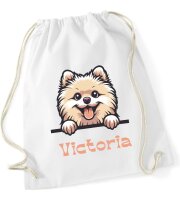 Personalisierter Turnbeutel mit Zwergspitz und Name für Kinder, Mädchen und Jungs, große Farbauswahl, Schuhbeutel zum Zuziehen, Geschenk
