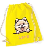 Personalisierter Turnbeutel mit Zwergspitz und Name für Kinder, Mädchen und Jungs, große Farbauswahl, Schuhbeutel zum Zuziehen, Geschenk
