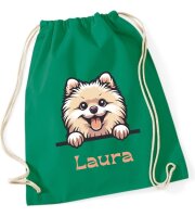Personalisierter Turnbeutel mit Zwergspitz und Name für Kinder, Mädchen und Jungs, große Farbauswahl, Schuhbeutel zum Zuziehen, Geschenk